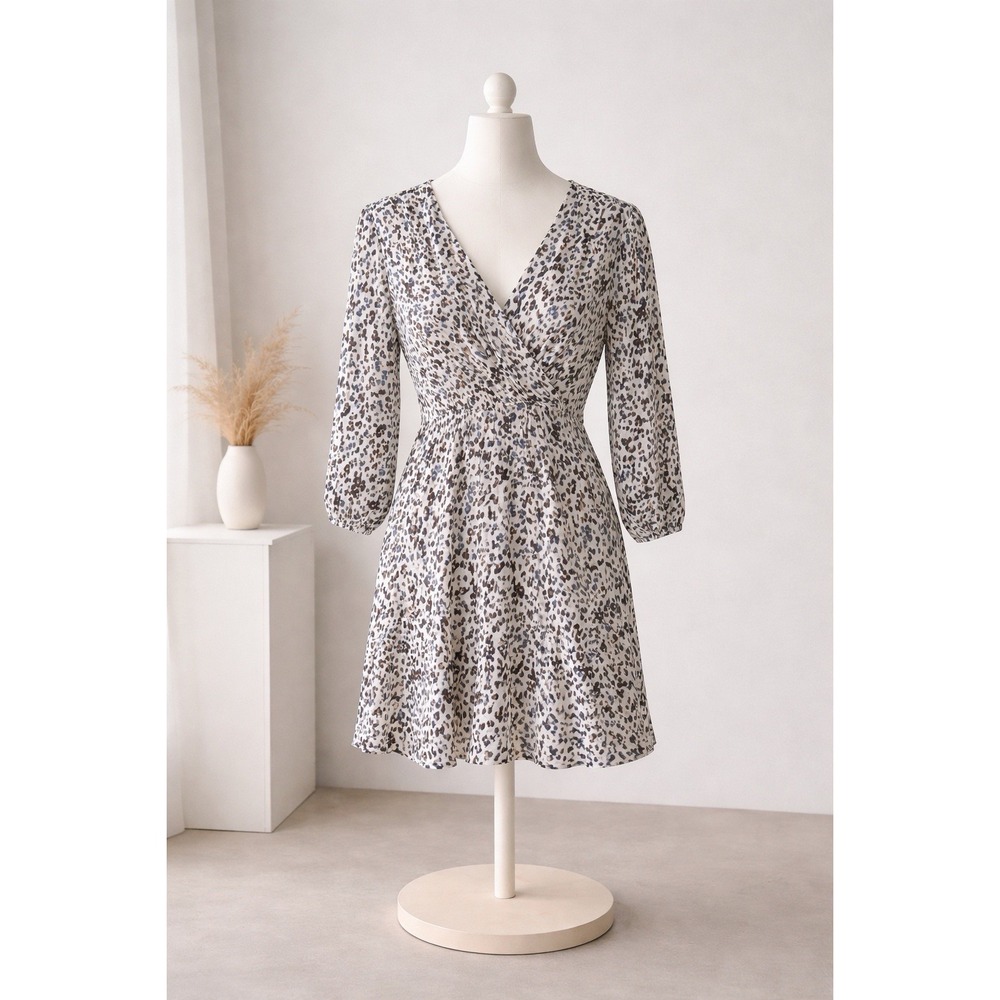 Dex Women White Black Blue Abstract Animal Print Wrap V-Neck Mini Dress NWT L